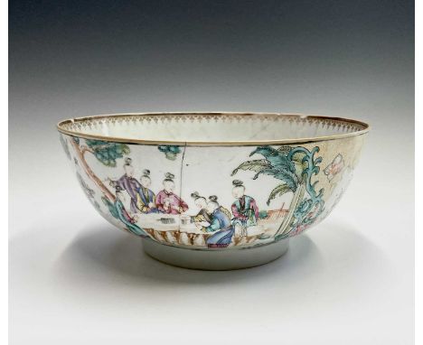 A large Chinese famille rose porcelain bowl, circa 1800, decorated with figures playing cards and other scenes, height 13cm, 