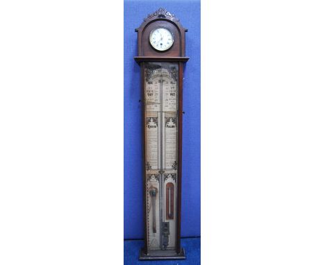 Admiral Fitzroy barometer mounted by a clock with white face, Roman numerals, over glazed trunk enclosing thermometer, 114cm 