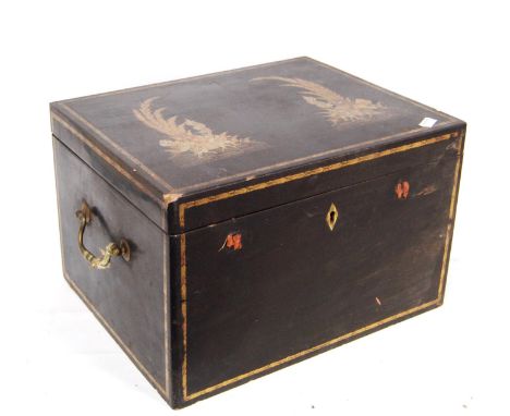 Late 19th century oriental lacquered tea caddy decorated with gilt horses and foliage with lead lining, 35cm wide, 21cm high 