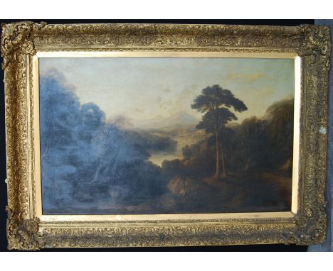 IN THE MANNER OF ALEXANDER NASMYTHView of a loch and mountains beyondOil on canvas, 82cm x 135cm.Label verso: Doig, Wilson & 
