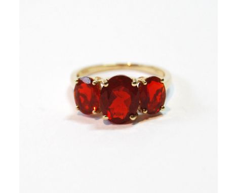 Fire opal three-stone ring, in 9ct gold, size S. 