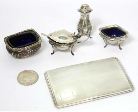 Silver engine-turned cigarette case, four condiments and a silver dollar, '1922', 13oz. 