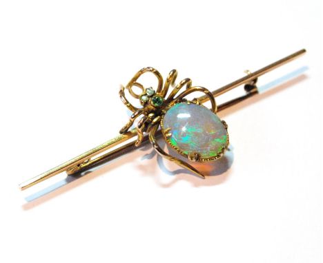 Opal and emerald brooch modelled as a spider, upon a plain pin, probably 15ct gold, c. 1900. 