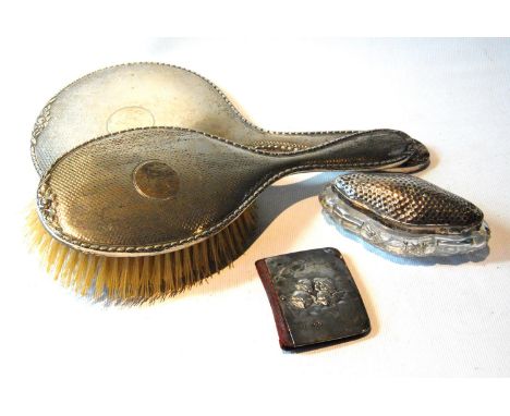 Silver engine-turned mirror and brush, a mounted pin box and a similar pin holder, 1904.&nbsp; &nbsp;(4) 