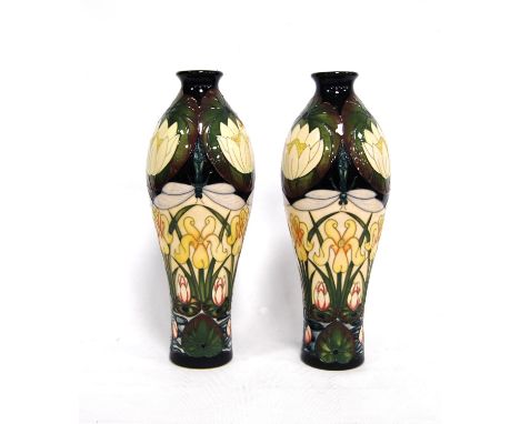 Pair of Moorcroft 'Tranquillity' vases by Rachel Bishop decorated with water lilies and dragonflies, signed R. Bishop, 2012, 