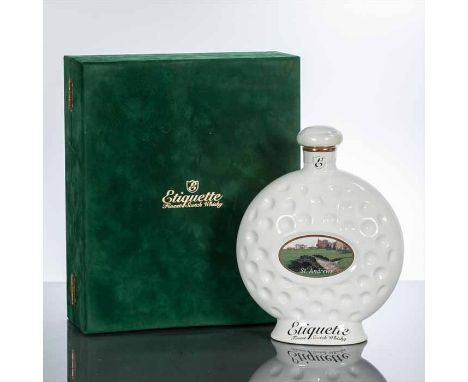 ETIQUETTE ST. ANDREWS FINEST SCOTCH WHISKY 
Blended Scotch Whisky by Scotia Duncarron, Denny, in golf themed ceramic decanter