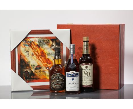 SEAGRAM STAFF GIFT BOX 1924 - 2001 CHIVAS REGAL 12 YEAR OLD Blended Scotch Whisky. 75cl, 40% volume. SEAGRAM'S V.O. CANADIAN 