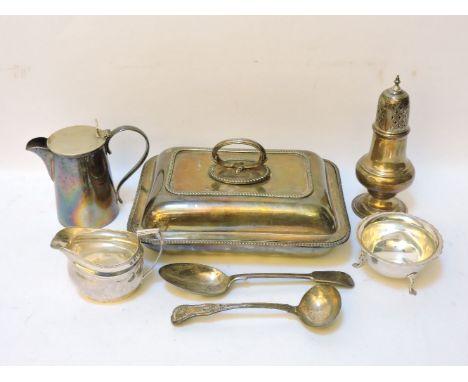 A Georgian silver cream jug, a William IV silver ladle, a silver sugar bowl and sifter, a silver plated tureen, a jug, and a 