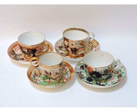 Four 19th century cups and saucers, by Worcester Flight Barr and Barr, Coalport, Spode and Crown Derby, all in rich colours a