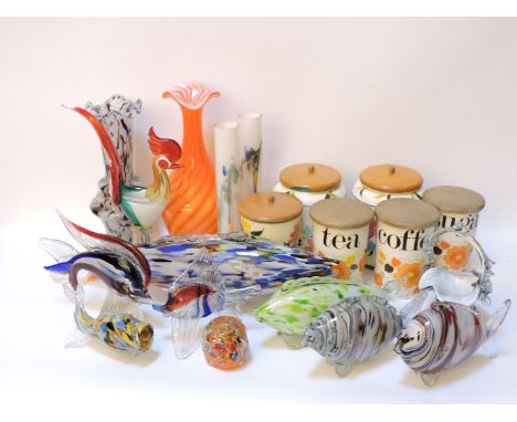 Murano and other coloured glassware, including seven fish, cockerel, vases, etc, and six ceramic kitchen jars 'Crown Devon' a