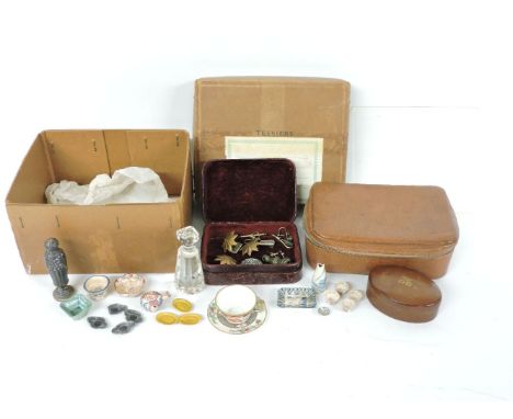 A silver seal, with black glass intaglio, a clear glass seal, a collection of miniature ceramics, leather stud boxes, etc