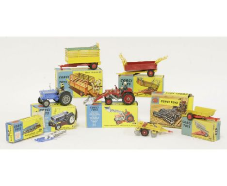 Corgi agricultural machinery, comprising (67) Ford 5000 super major tractor, (69) Massey-Ferguson 165 tractor with shovel, (5