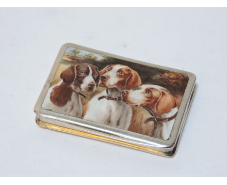 A Continental '800' silver snuff box, of rectangular form, the lid with hand painted enamel panel of three fox hounds, 7.5 x 