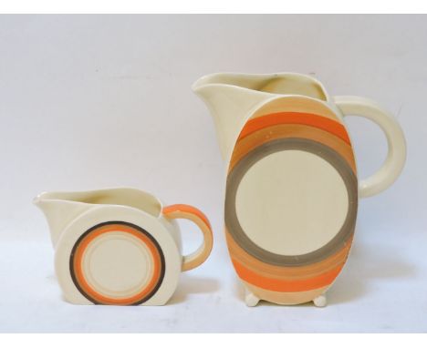 A Clarice Cliff for Wilkinson Ltd jug, of ovoid form, decorated with brown and orange concentric circles, 19cm tall, and a si