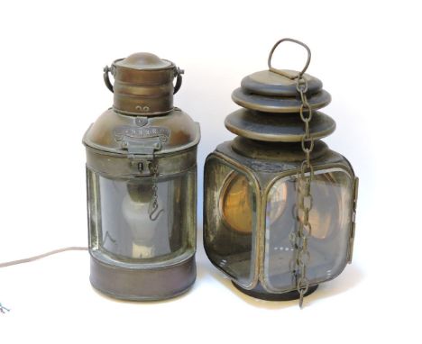 A Merryweather & Sons coaching lamp, and a ship's 'stern' lantern, 32cm and 34cm high