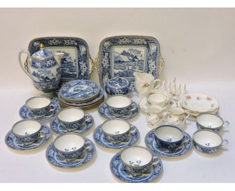 A Wedgwood blue and white part coffee service, printed with deer in a landscape, and Coalport tea wares