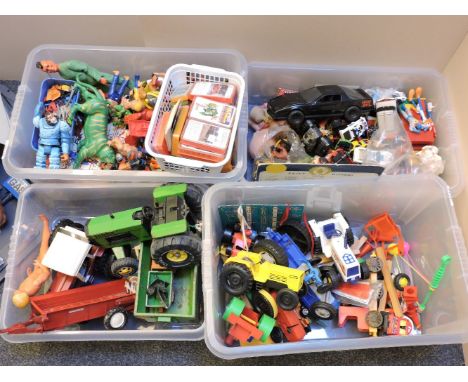 A collection of 1980s toys, including He-Man figures and accessories, Tonka toys, die cast cars, Top Trumps, A-Team figures, 