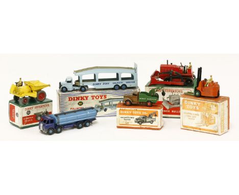 Dinky Toys, a breakdown lorry 25x, in an orange box, a Coventry Climax fork lift truck, orange box, dumper truck (502), a Bla