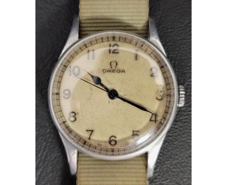 RARE OMEGA PAKISTAN AIR FORCE MILITARY WRISTWATCHthe circular signed white dial with Arabic numerals, blue steel hands and ce