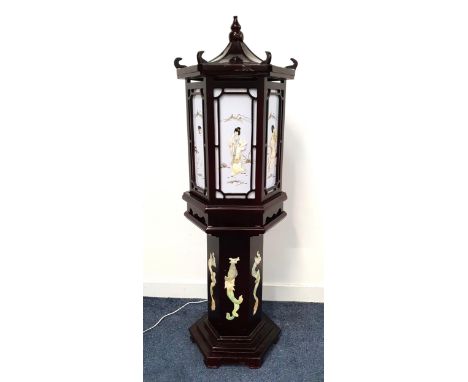 CHINESE LANTERNraised on a stepped hexagonal base and column with simulated mother of pearl animals, the hexagonal Pagoda sty