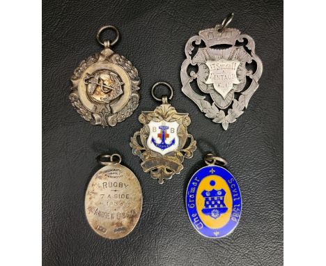 FIVE SILVER MEDALScomprising a Victorian medal, the front engraved 'J T Smrall Centaur' and the reverse '10 mile road race. 2