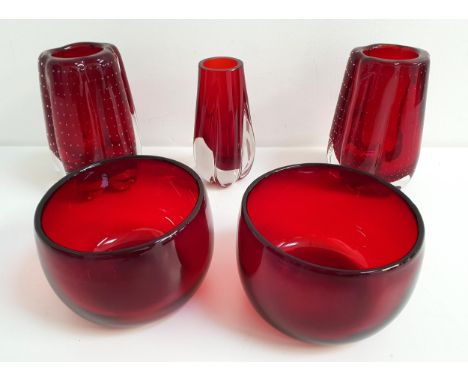 SELECTION OF RUBY RED GLASSWAREcomprising a pair of shallow bowls, 11.5cm diameter, a pair of 1970s Whitefriars controlled bu