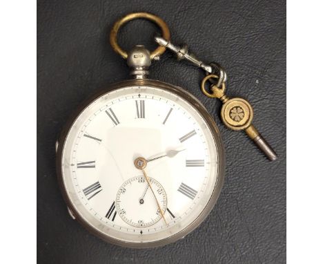 VICTORIAN SILVER CASED POCKET WATCHthe circular white enamel dial with Roman numerals and a subsidiary seconds dial with Arab