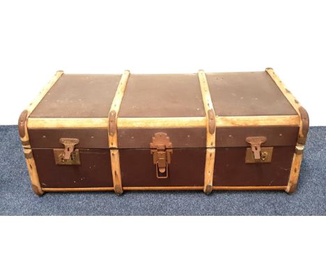 VINTAGE TRAVEL TRUNKwith wood banding and side carrying handles, 32.5cm x 92cm x 53.5cm 