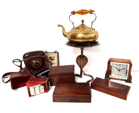 MIXED LOT OF COLLECTABLESincluding a Kodak cine camera, Zeiss Contina camera and case, Goblin mantle clock, brass toddy kettl