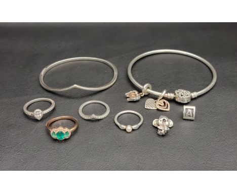 SELECTION OF PANDORA JEWELLERYcomprising a Sparkling Wishbone ring, a Classic Teardrop Halo ring, a Three Stone Vintage ring,