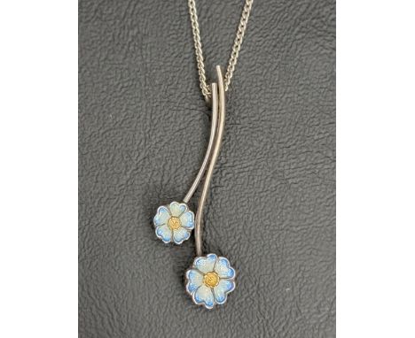 SHEILA FLEET ENAMEL DECORATED SILVER PENDANT ON CHAINthe pendant formed with two blue enamel decorated flowers on wavy bars 