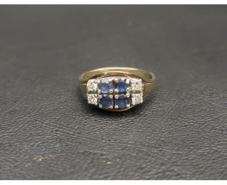 SAPPHIRE AND DIAMOND CLUSTER RINGthe  four central round cut sapphires in square shaped setting and flanked by two diamonds t