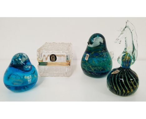 FOUR PIECES OF MDINA GLASScomprising a blue and yellow seahorse, 14.5cm high, two blue birds, 11.5cm and 9cm high and a clear