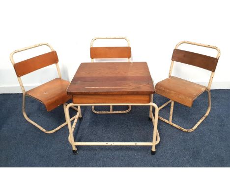 VINTAGE CHILD'S ELM SCHOOL DESKwith a pen trough above a lift up lid, on a cream painted metal frame, 51cm x 59cm x42cm, toge