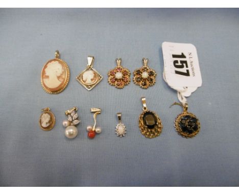 Ten assorted 9ct gold gemstone and cameo pendants including opal and diamond, ruby &amp; opal &amp; diamond &amp; pearl appro