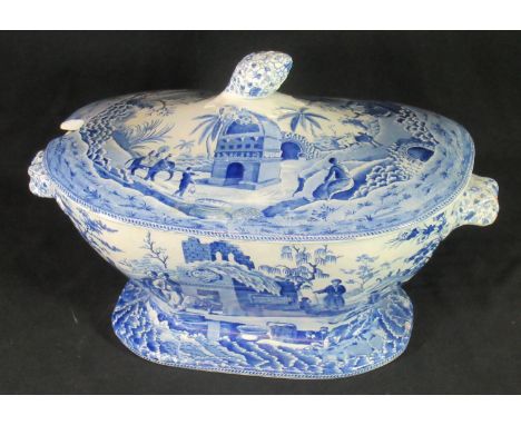 19th century Spode china blue and white transfer printed large tureen and cover, continually decorated with 'Colossal Sarcoph