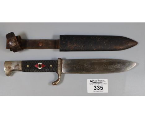 WWII period Hitler youth travelling sheath knife, the 14cm blade etch G U S. L. Köller, Solingen, and with a metal scabbard h