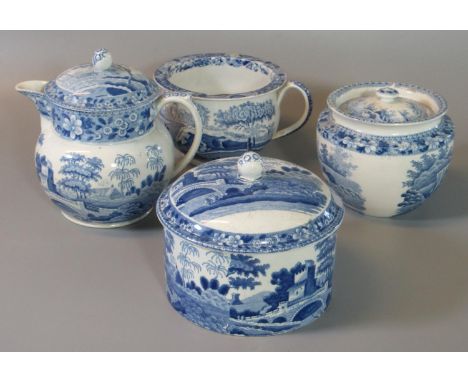 Four items of 19th century Spode blue and white transfer printed china to include circular bowl and cover in tower pattern, 1