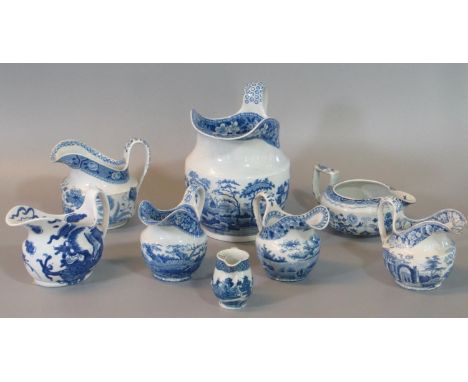 Group of 19th century Spode china blue and white transfer printed jugs of various sizes and designs to include dragon design,