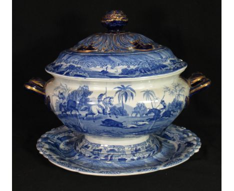 Early 19th century blue and white transfer printed Spode Indian Sporting Series two-handled lidded tureen on oval stand, the 
