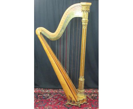19th century maple and gilt wood concert harp by Sebastian Erard, patent number 6446 having fluted column with moulded saint 