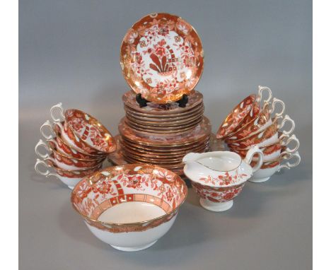 Two trays of 19th century The Foley china Wileman & co. Thirty-one piece tea service on a white ground with orange and red lu