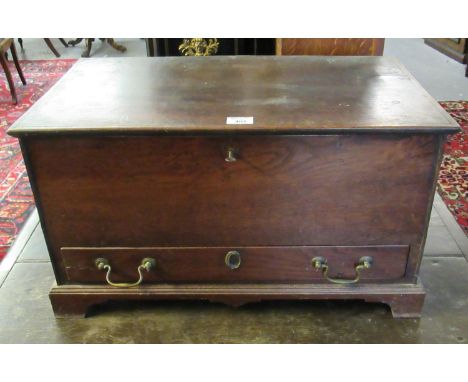 19th century oak coffwr bach of plain rectangular from, the moulded top above a single long drawer with brass loop handles on