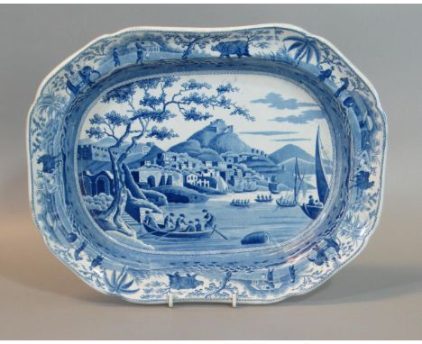 19th century Spode blue and white transfer printed pottery rectangular-shaped tureen stand decorated with 'Principal Entrance