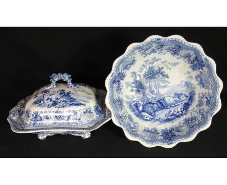 Early 19th century blue and white transfer printed Spode Aesop's Fables Series footed comport, printed with two scenes, 'The 