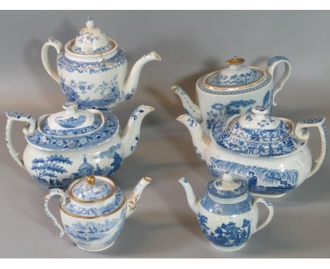 Collection of 19th century Spode blue and white transfer printed china tea and coffee pots to include small Broseley design t