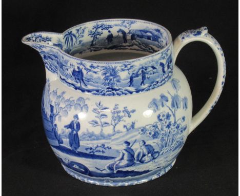 19th century Spode china blue and white transfer printed baluster-shaped jug, continually decorated with 'Sarcophagus' design