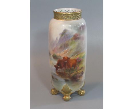 Early 20th century Royal Worcester porcelain vase, the filigree rim above a hand painted body of highland cattle, standing on