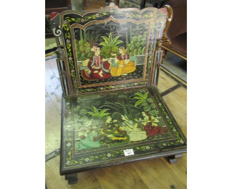 Indo-Perisan hinged wooden, painted low prayer/devotional stool, overall decorated with figures in garden, on short moulded l