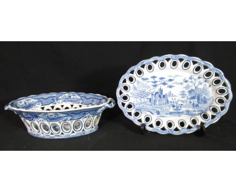 Early 19th century Spode blue and white transfer printed 'Gothic Castle' chestnut basket on stand, 23cm long approximately.(B